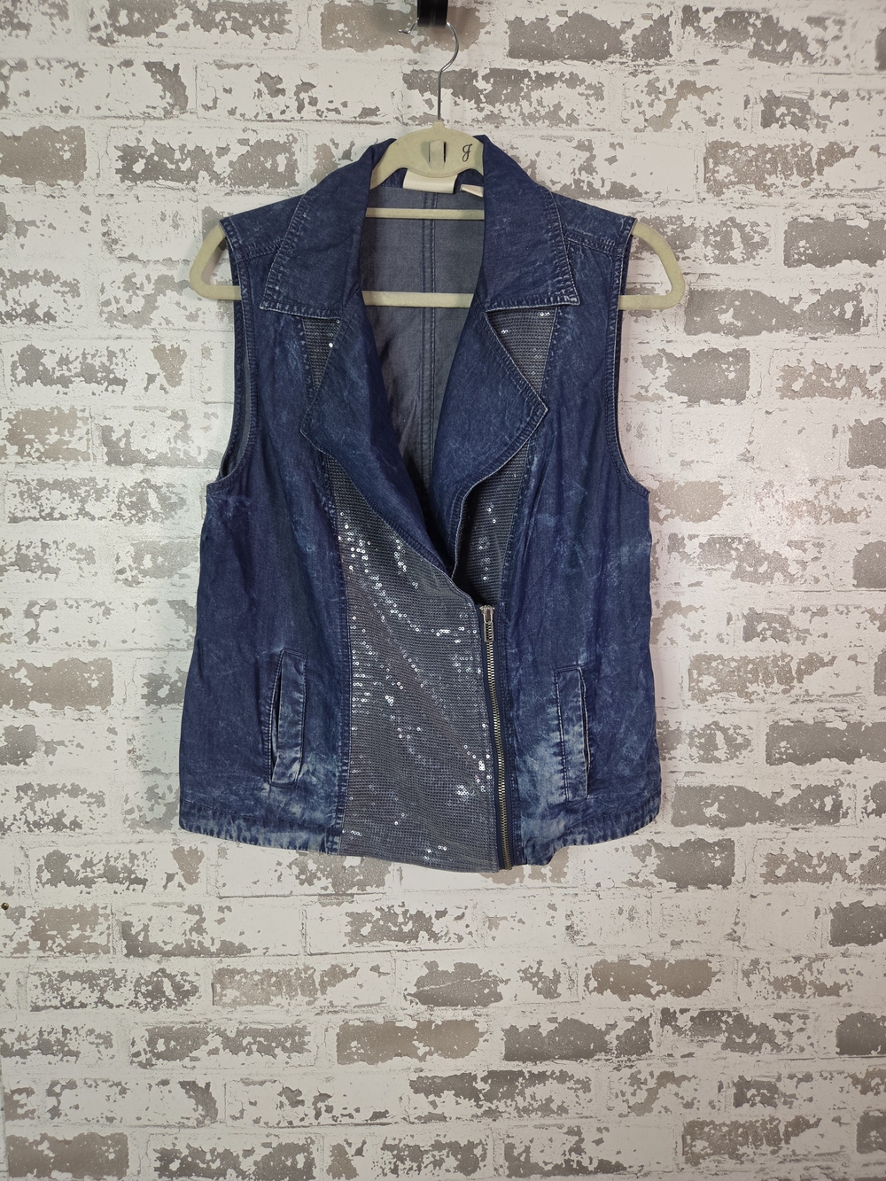 Vintage Vibe Chico's Sequin Acid Wash Denim Biker Vest Asymmetric Zip Up